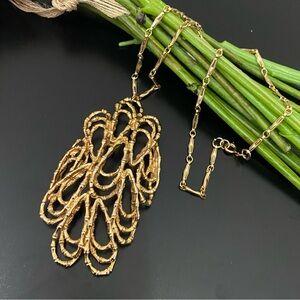 Vintage Abstract Modernist Twisted Bamboo Large Pendant Goldtone 20” Necklace